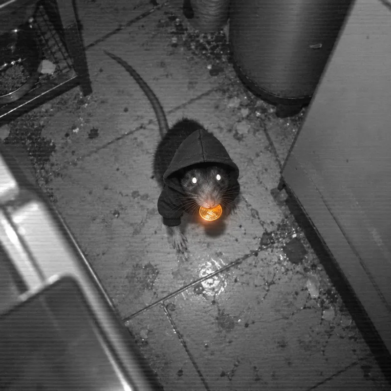 hooded rat with an orange coin, night camera