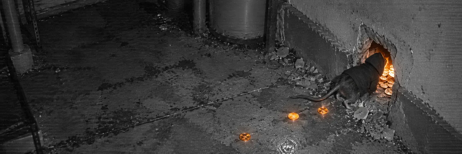 rat entering a hole in the wall full of glowing coins